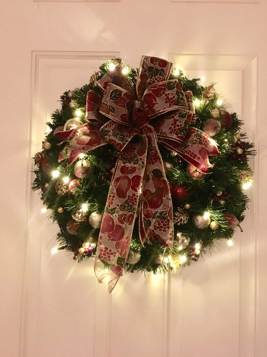 Pear Grape Christmas Wreath, Lighted Cordless Timer, 18 inch