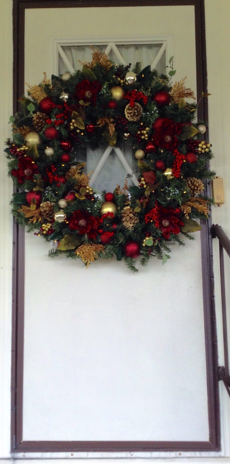 XL  36" Red Christmas Wreath,Wreaths, Pre Lit LED Cordless Light, Ruby Red, Gold, Peony Mix. Artificial, Ever Lasting,  Burgundy, Elegant,