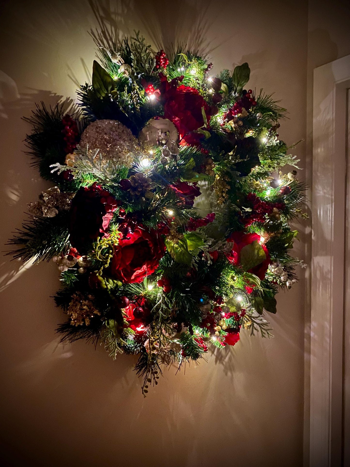 Wonderful Holiday Red Peony Wreath 2025 design.  Red Peony Artificial Wreath, 26" and up, LED cordless light. Free Shippings.