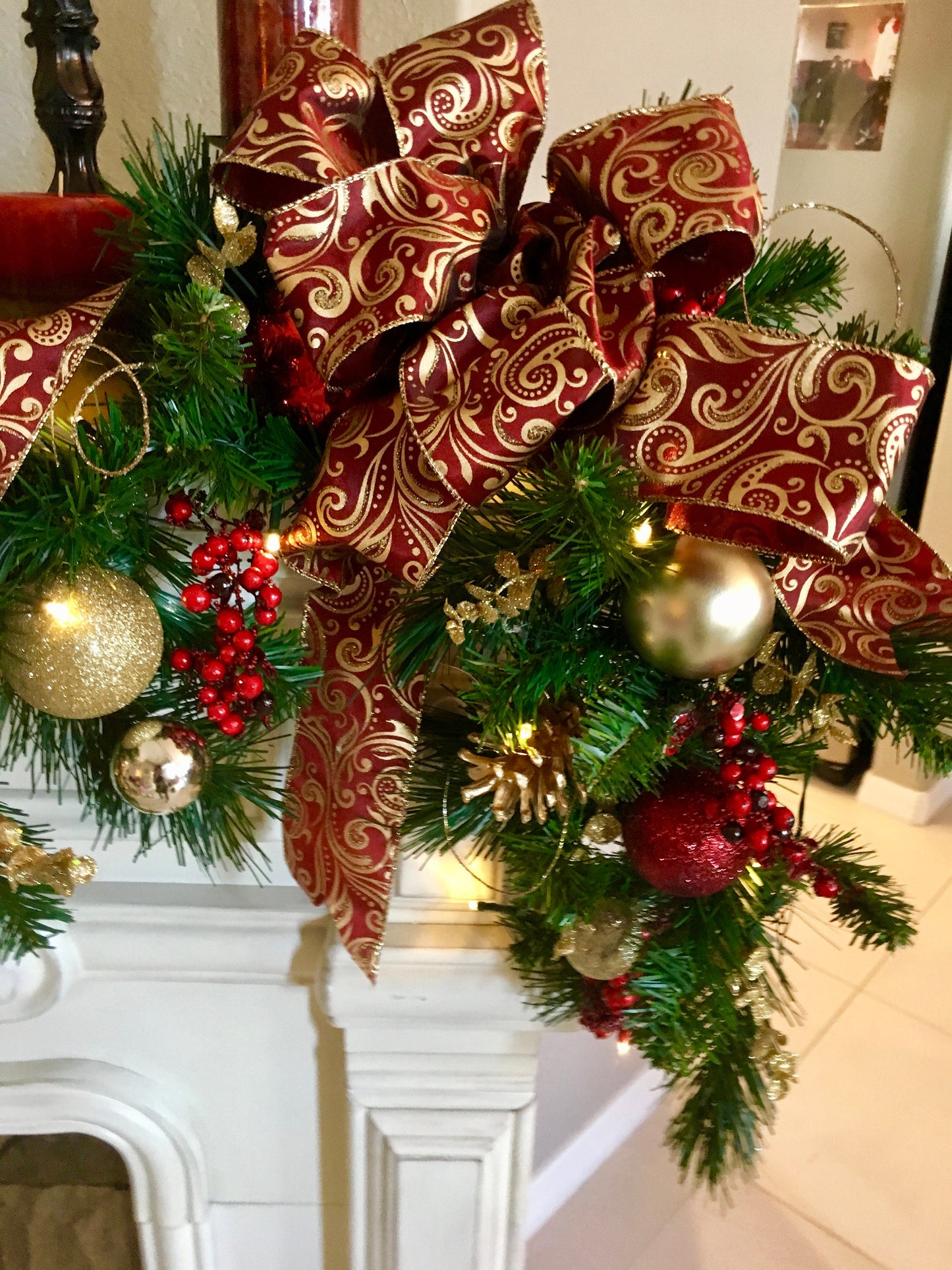 Burgundy Gold Christmas Garland, 48 LED Lights, 6 ft